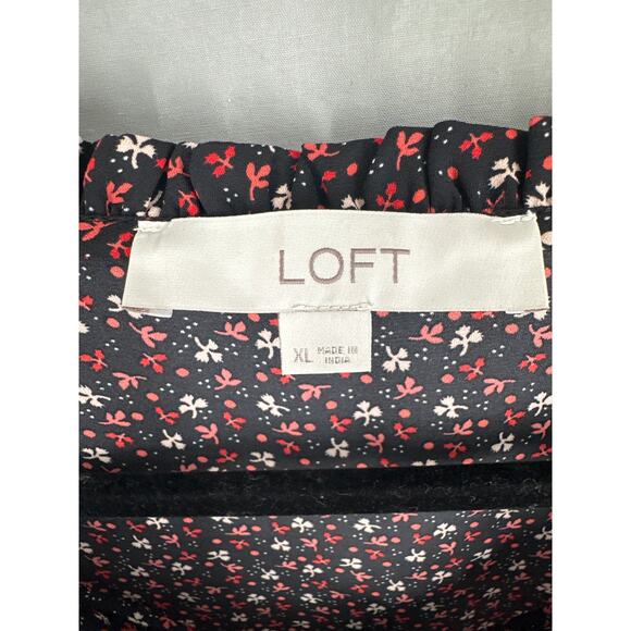Loft Top Womens XL Black Floral Red Long Sleeve Ruffle Boho Cottagecore V Neck - Picture 2 of 8